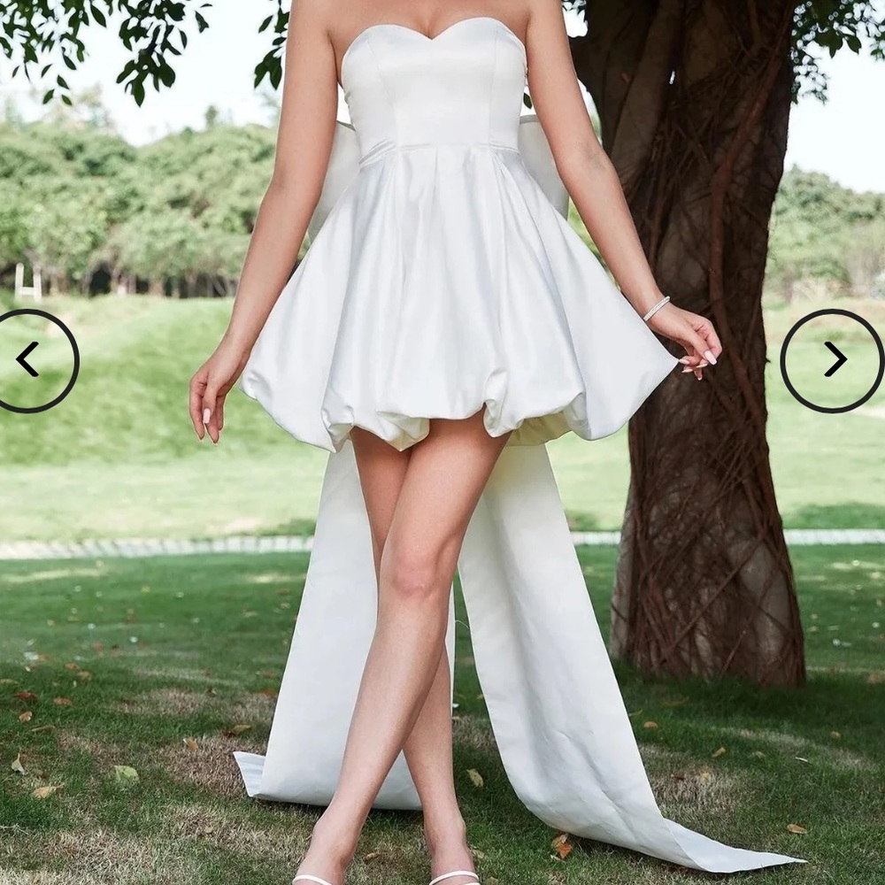 Balloon Hem Satin Tube Wedding Dress With Big Bow | Ivory | Flower Girl | Bride